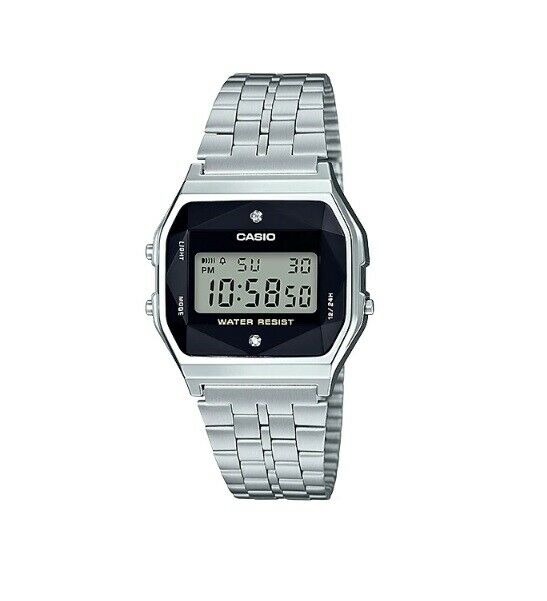 Casio A159WAD-1 W/ Natural Diamonds Digital Steel Watch Made in Japan A159 +Case