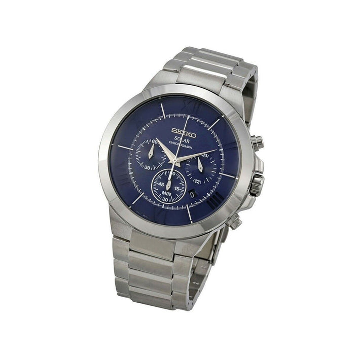 Seiko SSC281 Solar Chronograph stainless Steel Blue Dial Analog Mens Watch New