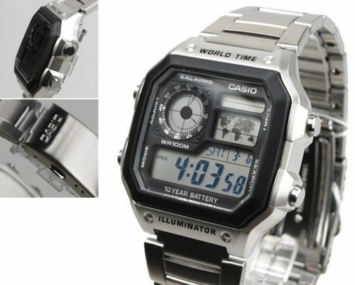 Casio AE-1200WHD-1A Digital World Time Stainless Steel Mens Sport Watch AE-1200