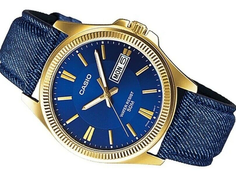 Casio MTP-E111GBL-2A Gold Analog Mens Watch Blue Leather Band MTP-E111 50M WR